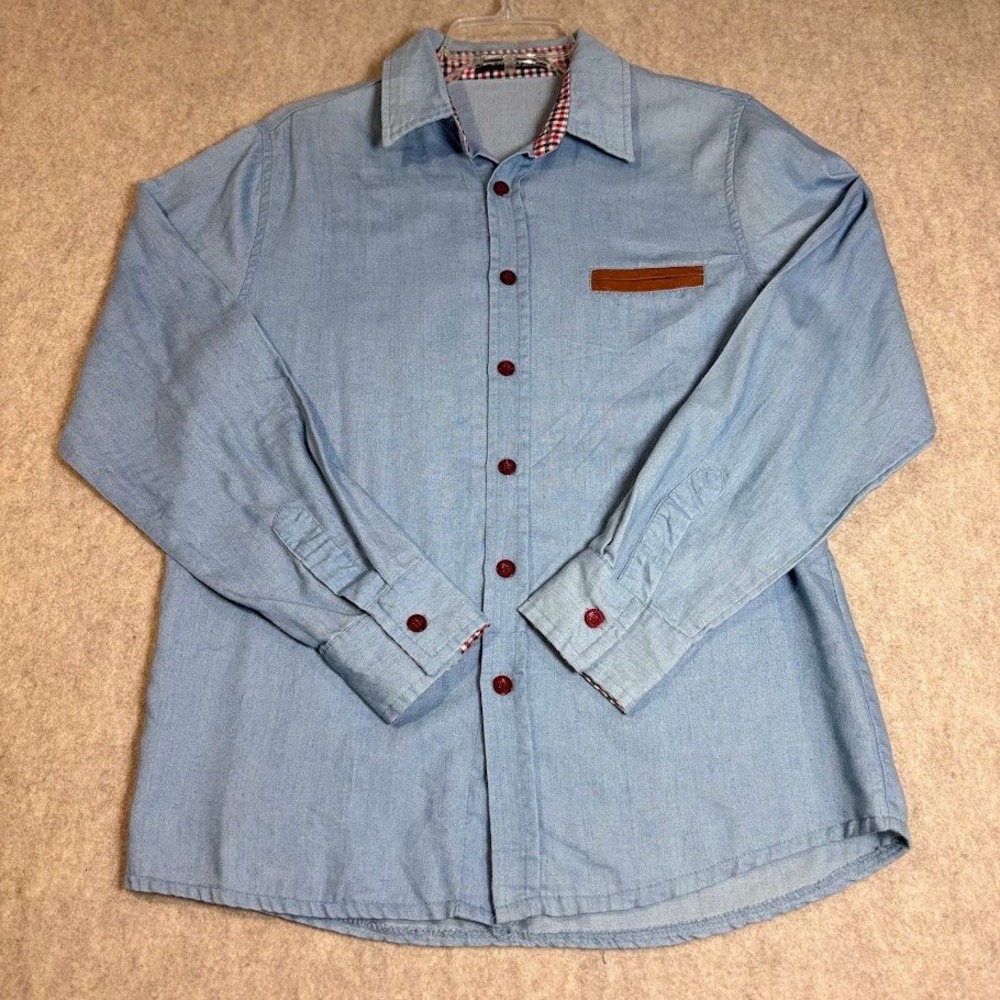 Zhelin Button Down Shirt Women M Blue Chambray Cotton Gingham Trim Classic Chic